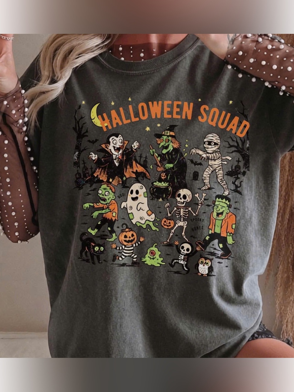 Comfort Halloween Squad Tee, Cartoon Cute Vampire Skeleton and Spooky T- Shirt